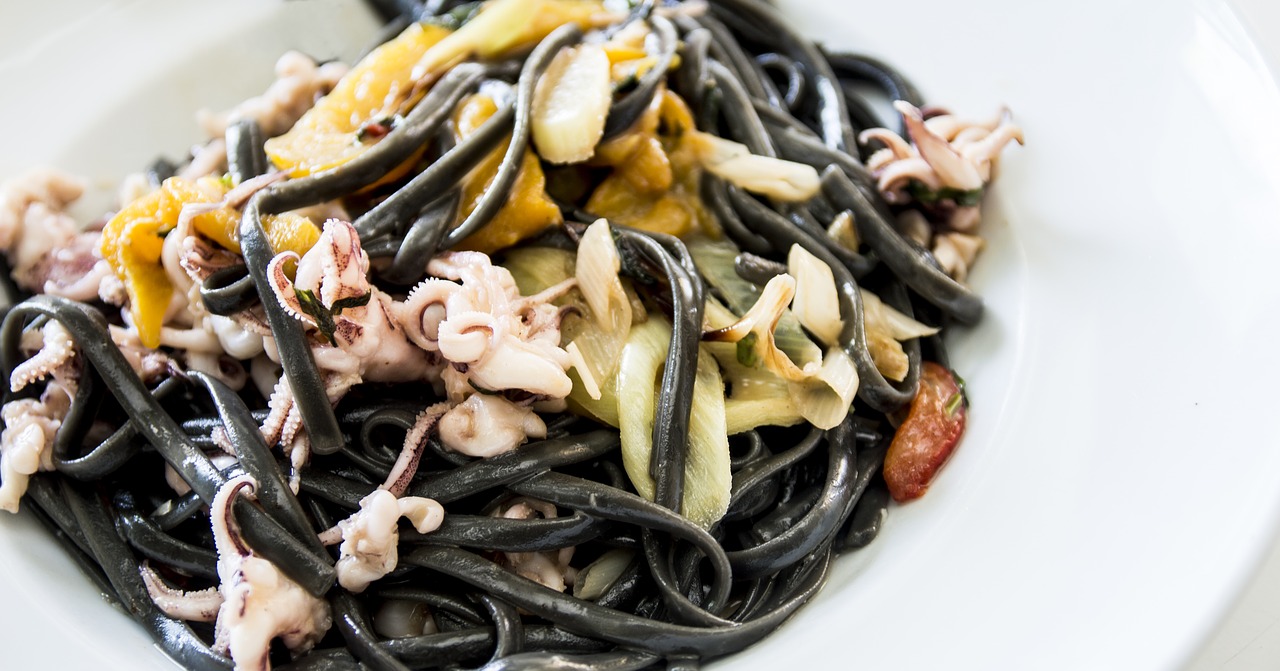 Italian seafood with black linguine - delicious