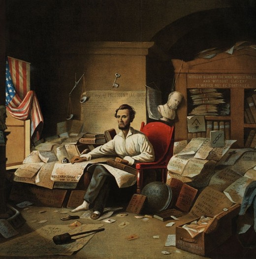 An artist's representation of Lincoln sitting in a cluttered study in shirtsleeves and slippers, at work on the Constitution. Creative?