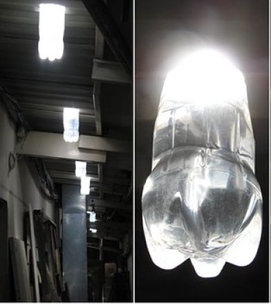 A plastic bottle filled with water and poked up through the roof acts as a skylight beaming sunlight into the room