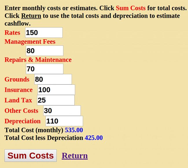 The form used to enter costs. Once summed the total costs and depreciation can be transferred back to the form that calculates the cash flow for the property.